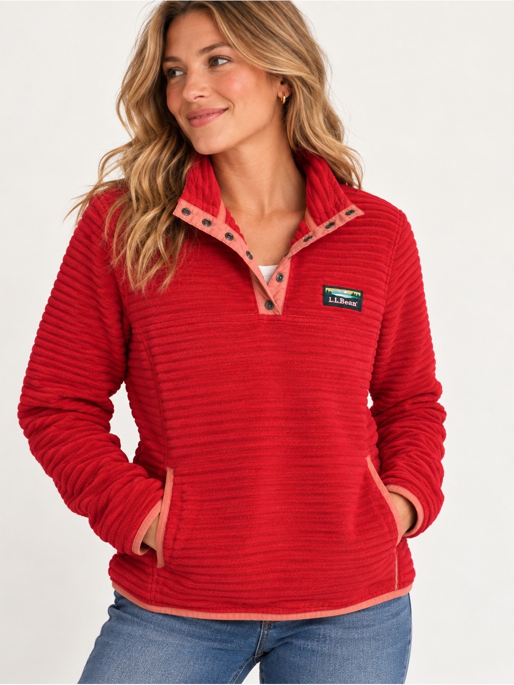 L.L. Bean Red Quilted Snap-Placket Pullover Hoodie